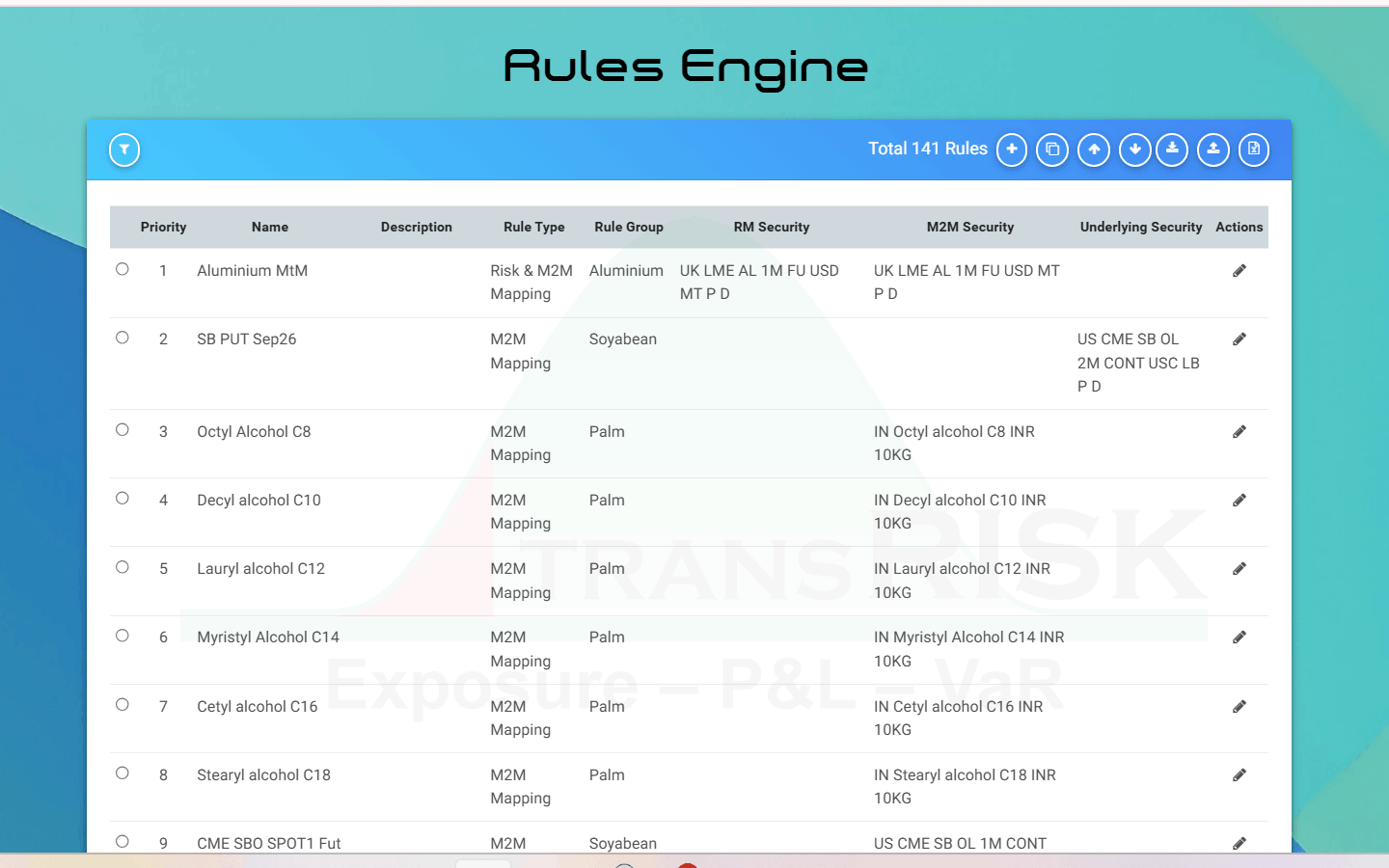 Rules engine — mapping rules listed by priority with rule type, rule group, and the risk, mark-to-market and underlying securities each rule resolves to