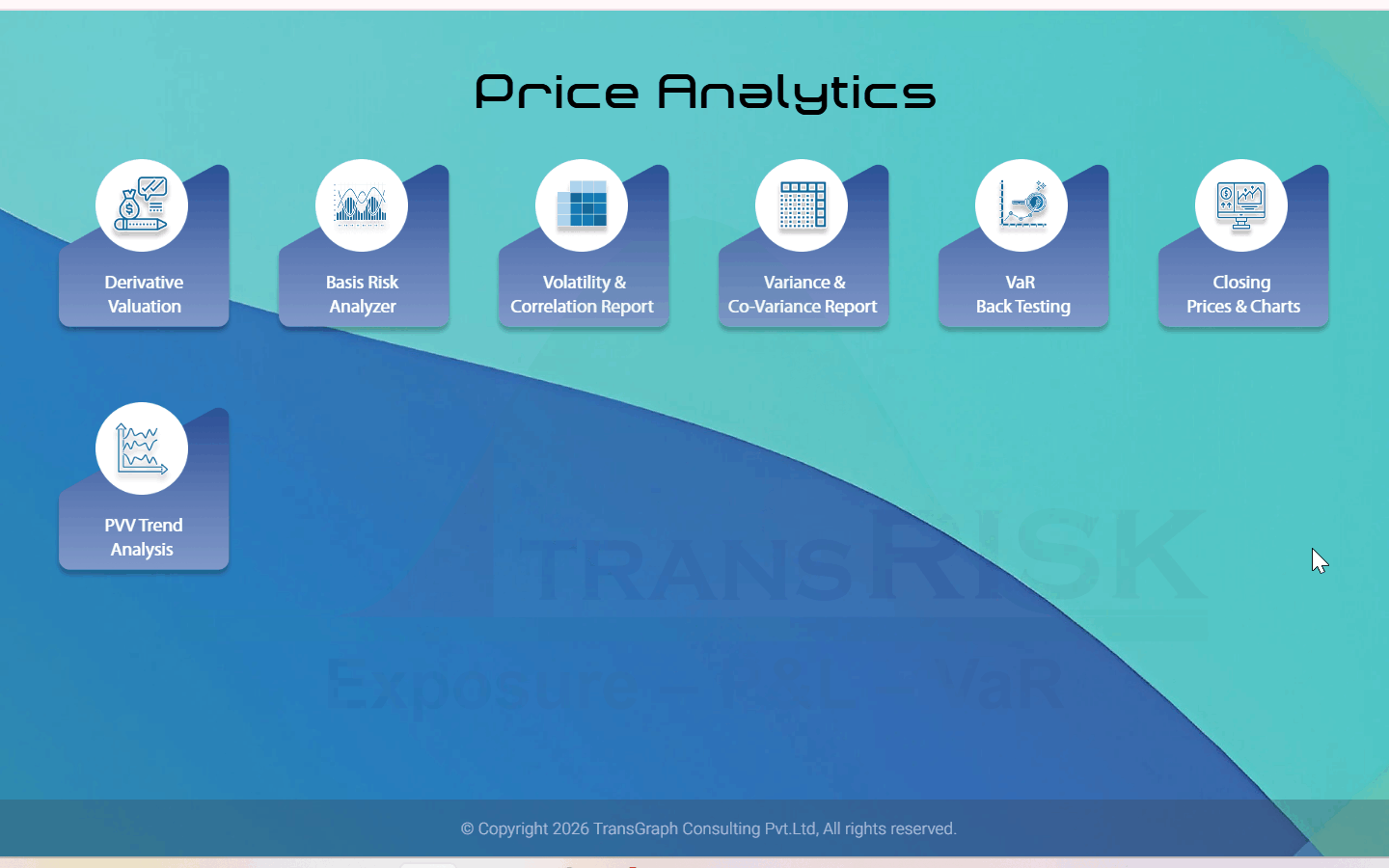 Price data and analytics screen — derivative valuation, basis risk analyzer, volatility and correlation, variance and co-variance, VaR back testing, closing prices and charts, and PVV trend analysis