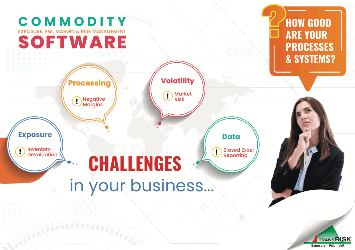 TransRisk product brochure cover — Commodity Software for exposure, P&L, margin and risk management, with four challenge callouts over a world map: inventory devaluation, negative margins, market risk and biased Excel reporting