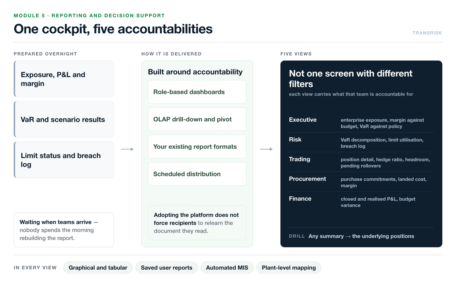 Reporting and Decision Support diagram: exposure, P&L and margin, VaR and scenario results and limit status are prepared overnight and delivered as role-based dashboards with OLAP drill-down, existing report formats and scheduled distribution &mdash; five views for executive, risk, trading, procurement and finance, each carrying what that team is accountable for